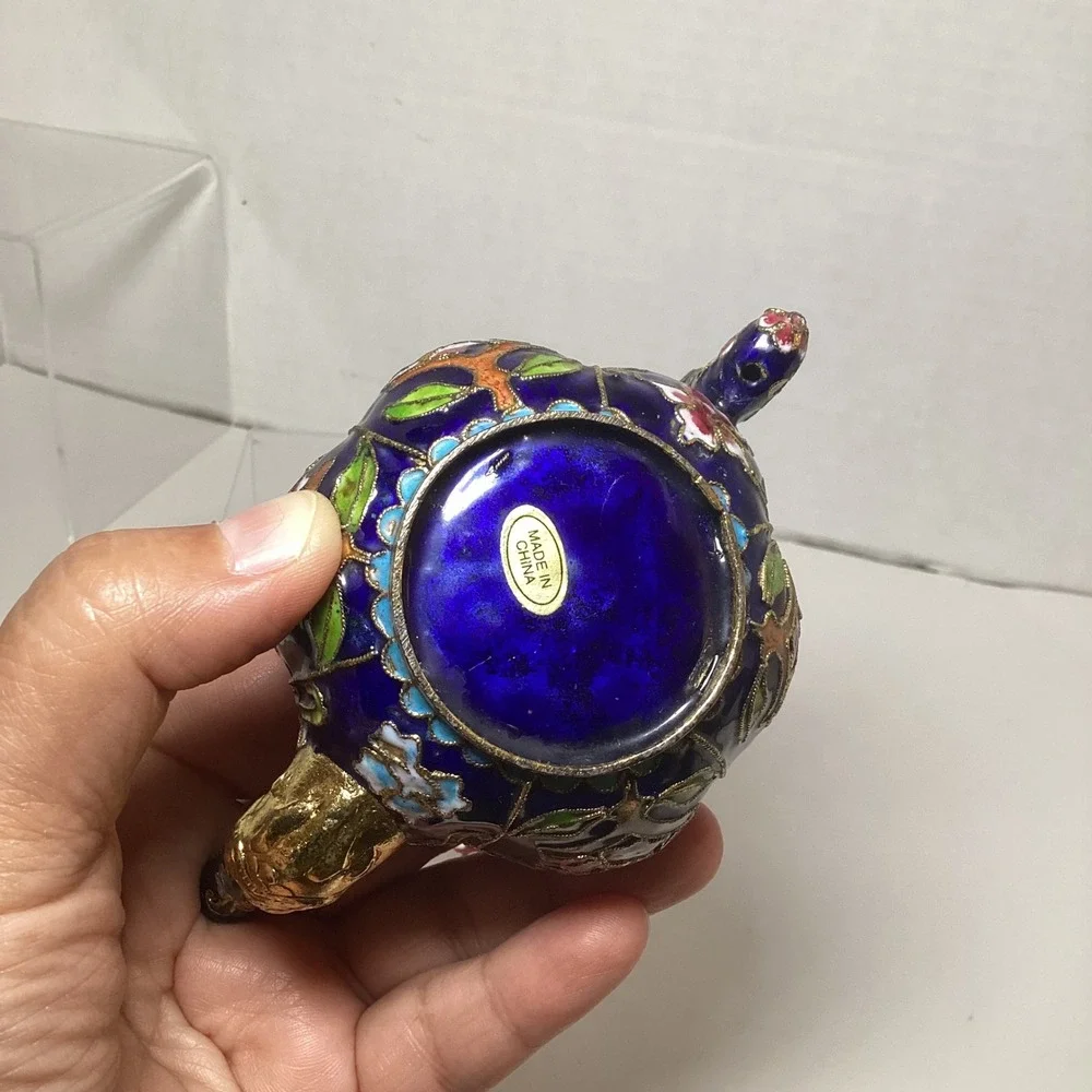 Vintage Cloisonne Enamel Miniature Teapot Cobalt Blue Floral Dragon Handle *asis